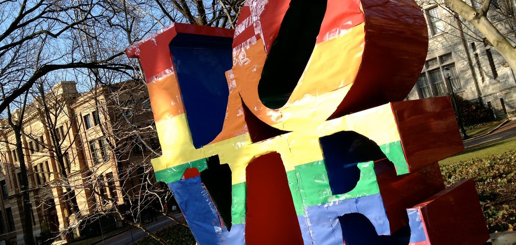 LOVE statue covered in rainbow paper