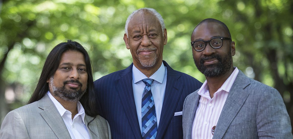 Toorjo Ghose, Calvin Bland, and Dean John L. Jackson, Jr., on Locust Walk.