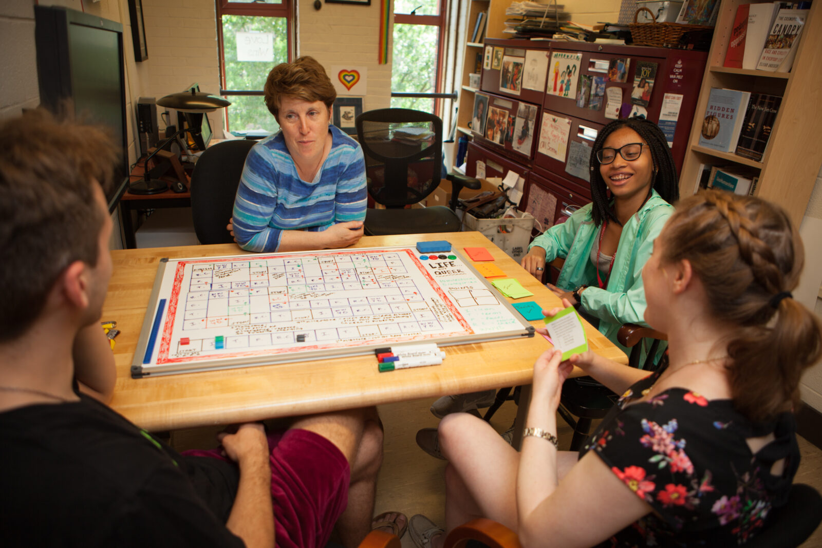 Amy Hillier working with SexGen Policy Lab interns to test out a board game that models how to discuss gender.