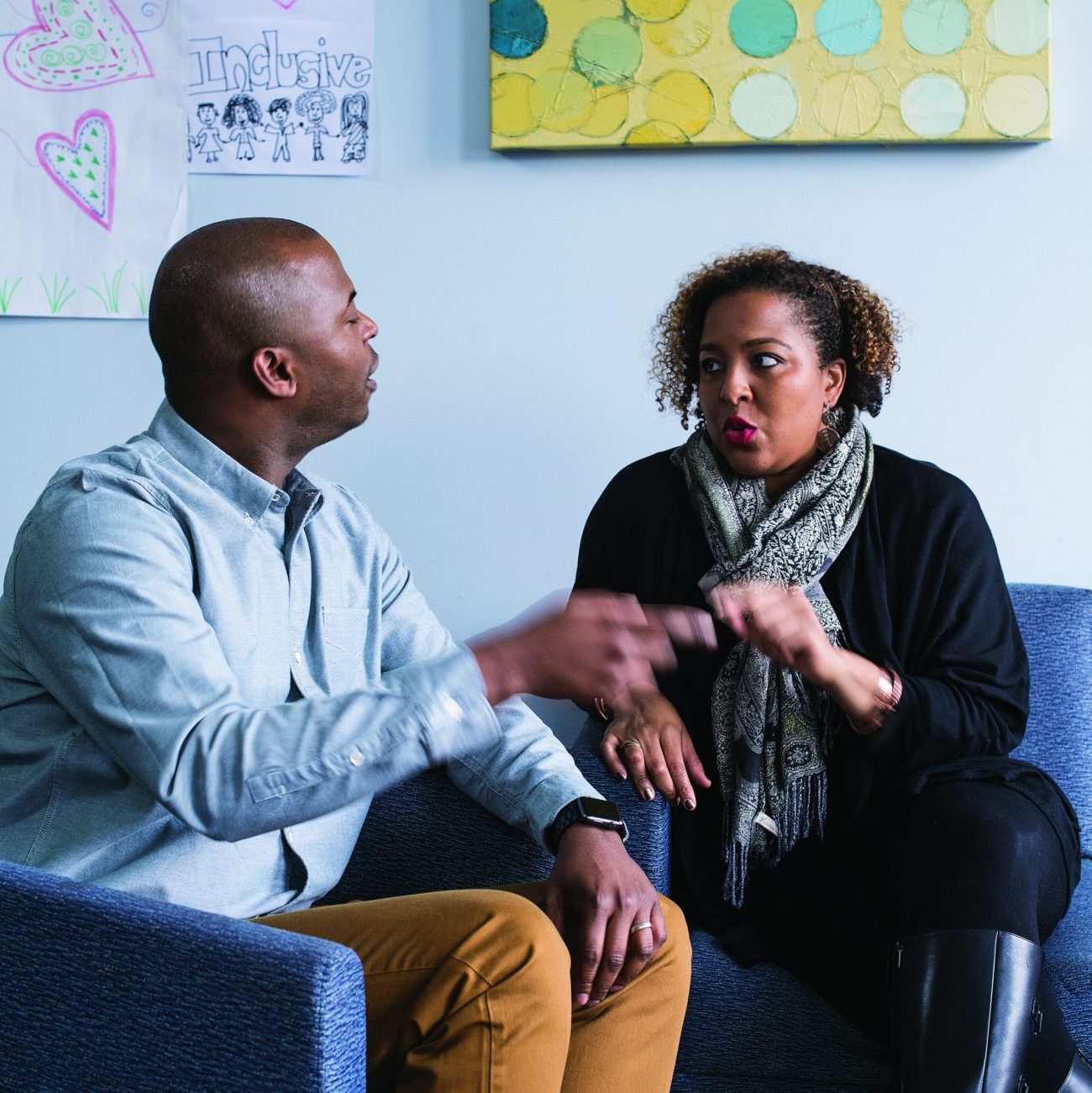 Theo Brandon and Halcyon Francis chatting in the SP2 student lounge.