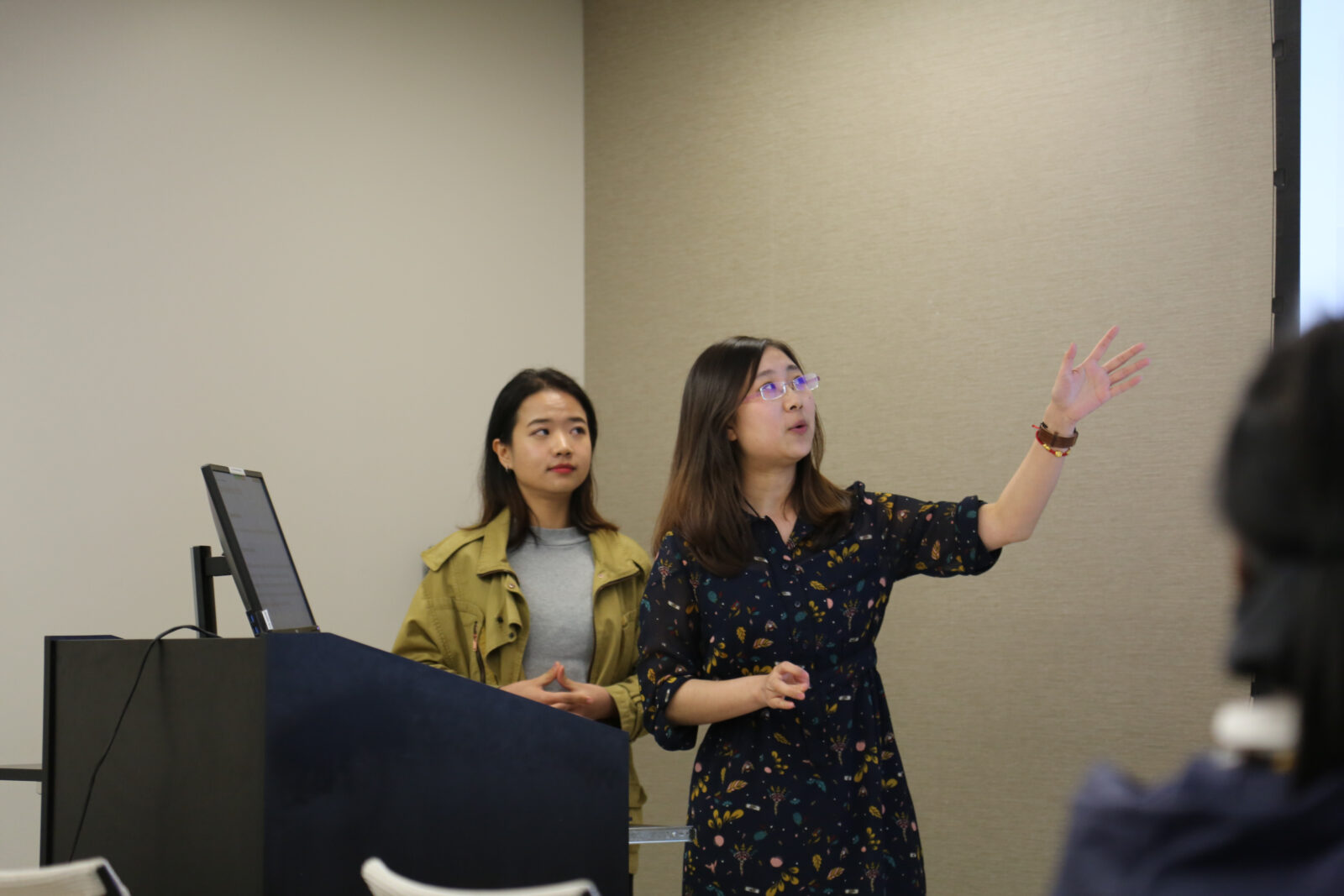 SP2 Student Presenters Xiaorui (Mia) Hou and Xiaoxuan He presenting at the Data for Equitable Justice Lab Symposium