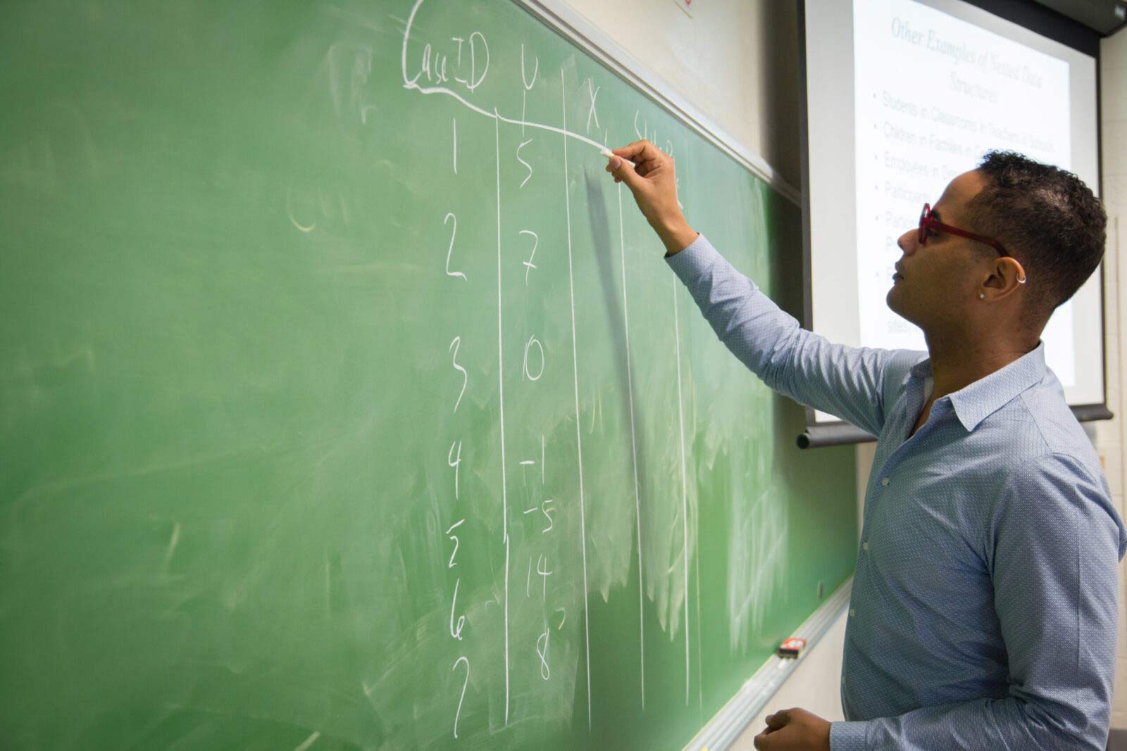 Ezekiel Dixon-Roman writes on chalkboard