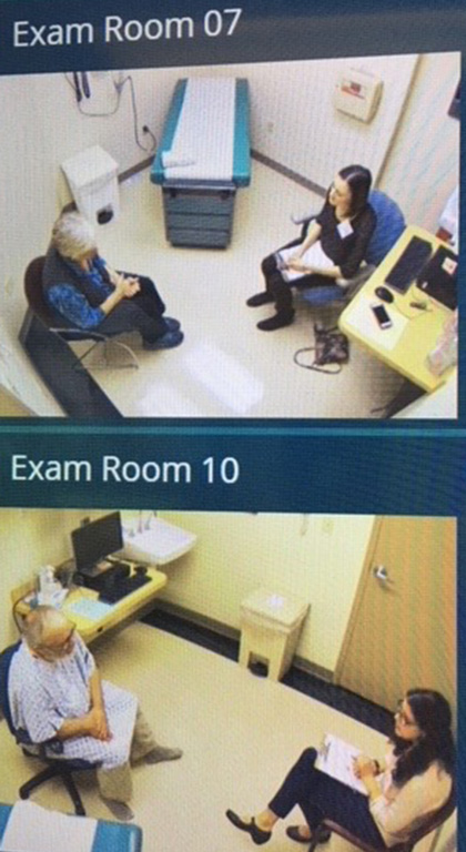 two aerial views, in each of which a student and an older patient meet in a medical office