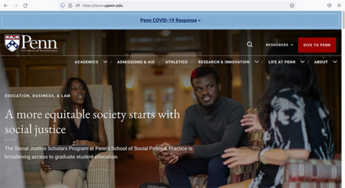 The Penn homepage headline and photo feature SP2's Social Justice Scholars