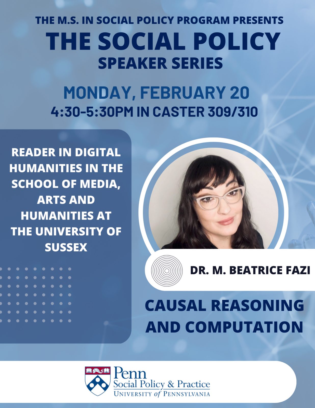 Flyer for Social Policy Speaker Series Dr. Beatrice Fazi