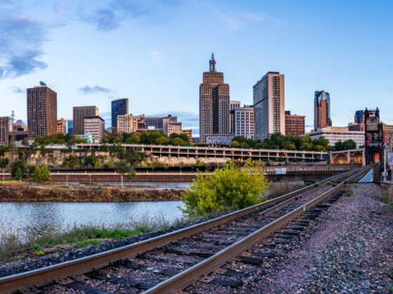 View of the Saint Paul, Minnesota, skyline from train tracks.