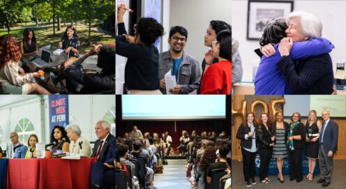 Six photos appear in a grid: students seated around a table outdoors, students standing in a classroom, the dean and a faculty member hugging in the Caster lobby, deans seated at a "climate week at Penn" panel table, the aisle of the Hall of Flags with seats filled for convocation, and Alumni Hall of Fame recipients with their awards.