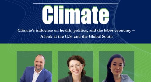 Promotional graphic for the University of Pennsylvania School of Social Policy & Practice virtual speaker series titled 'Climate's influence on health, politics, and the labor economy -- a look at the US and the Global South'. Features the event date and time, 'Wednesday, March 19, 2025, 12 - 1 p.m. ET', and images of three speakers: Ben Jealous, Dr. Ioana Marinescu, and Dr. Alice Xu.