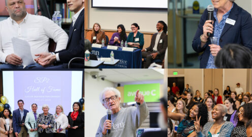 A mosaic of six images shows a book event, a panel discussion, the dean speaking, alumni awardees, an alumni speaker, and students raising their hands