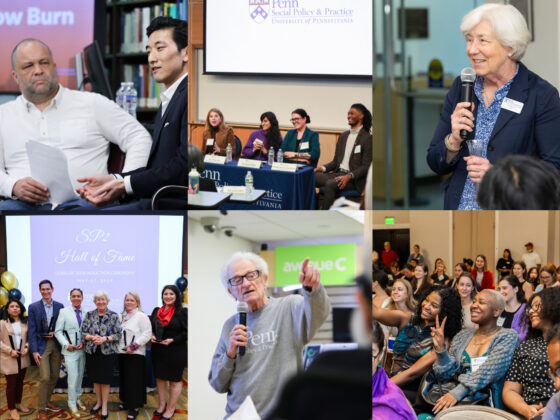 A mosaic of six images shows a book event, a panel discussion, the dean speaking, alumni awardees, an alumni speaker, and students raising their hands