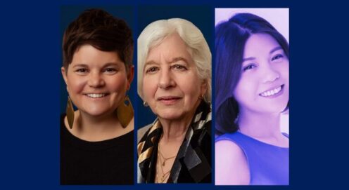 Vertical headshots of Amy Castro, Phyllis Solomon, and Jia Xue appear in a row against a dark blue background.