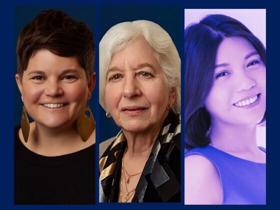 Vertical headshots of Amy Castro, Phyllis Solomon, and Jia Xue appear in a row against a dark blue background.