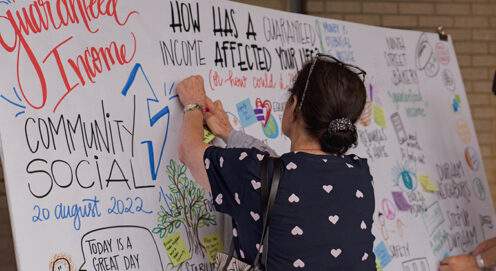 A person adds a note to a colorful board with the question 