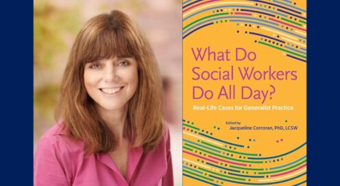 Headshot of Dr. Jacqueline Corcoran next to book cover for