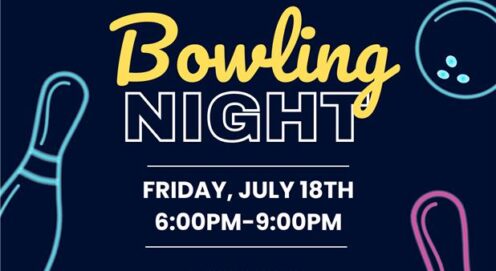 A flyer with a midnight blue background and neon lettering with icons of a bowling ball and pins detailing a Bowling Night event