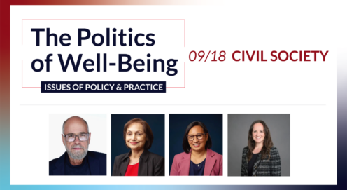 Flyer text reads: The Politics Of Well Being Civil Society, includes four photos of faculty speakers