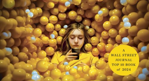 Cover of The Anxious Generation. Features an illustration of a child holding a phone surrounded by yellow smiley faces.