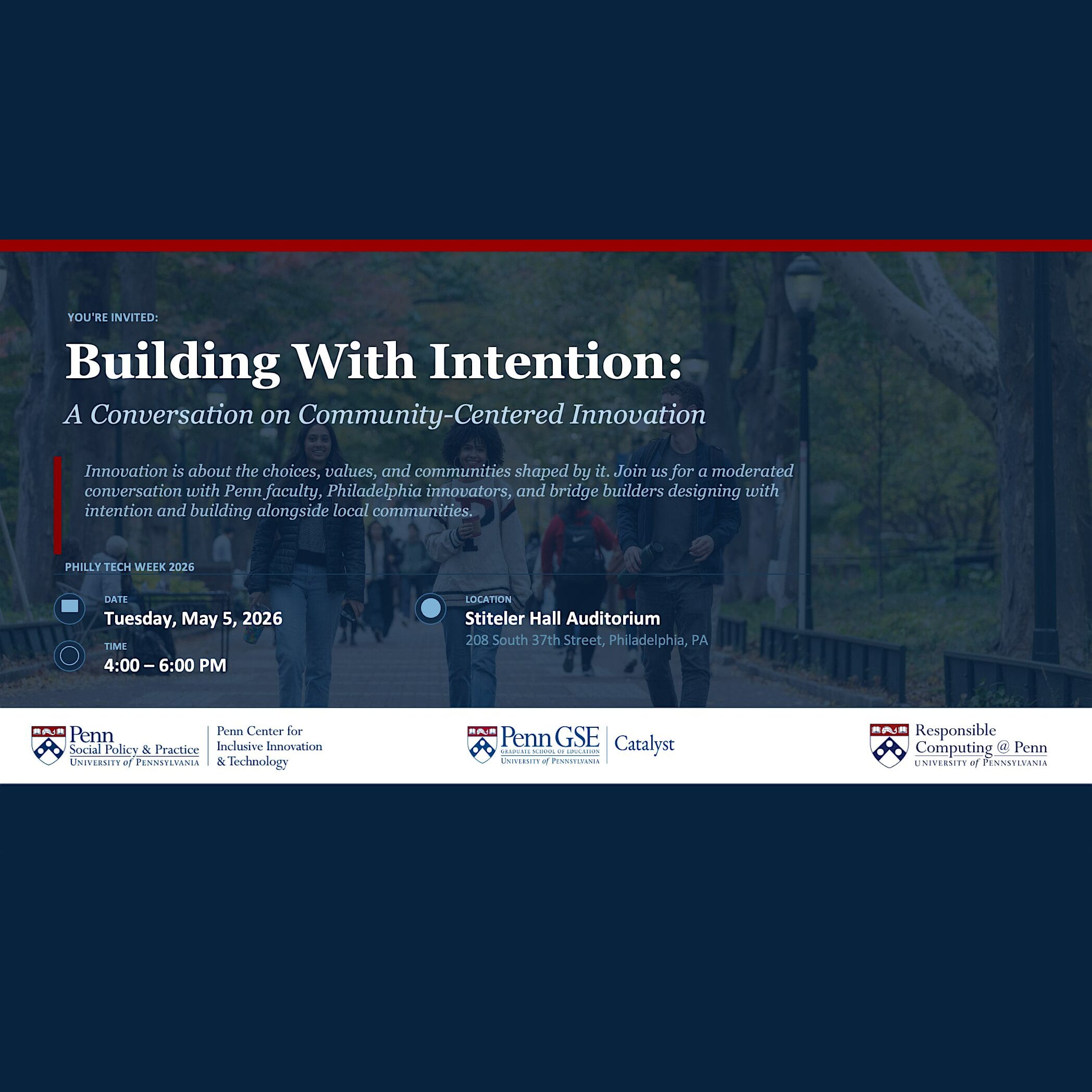 a flyer for an event called "Building With Intention: A conversation on Community-Centered Innovation"